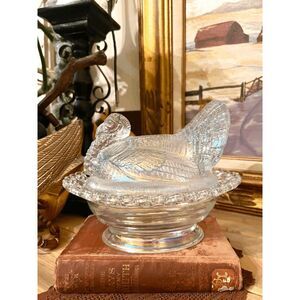 Large Crystal Carnival Glass Turkey on Nest Dish – Lace Edge Trinket Box – Mosse